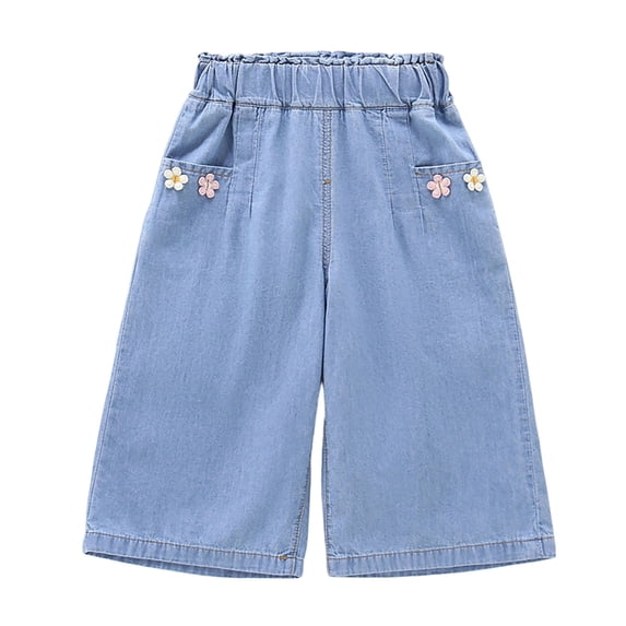 Glisme Toddler Girls Denim Pants Floral Graphic Wide Leg Jeans Lightweight Breathable Autumn Casual Girls Baggy Trousers