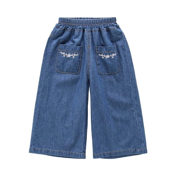 Glisme Toddler Girls Denim Pants Graphic Wide Leg Jeans Lightweight Breathable Autumn Casual Girls Baggy Trousers