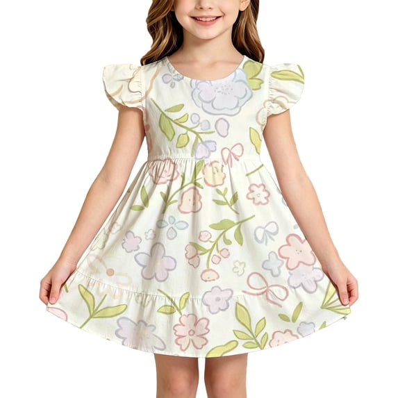Glisme Toddler Girls Dress Floral Print Flutter Sleeve Crew Neck Back To School After School Play Girls Dresses Size 3-4 Years