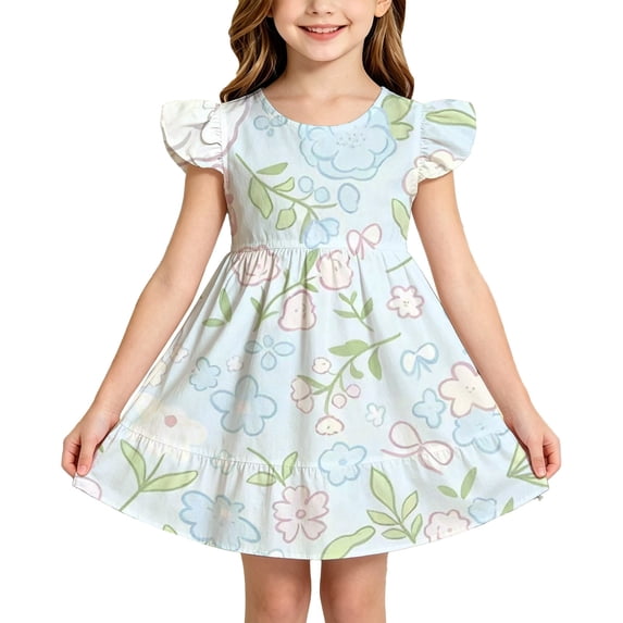 Glisme Toddler Girls Dress Floral Print Flutter Sleeve Crew Neck Back To School After School Play Girls Dresses Size 4-5 Years