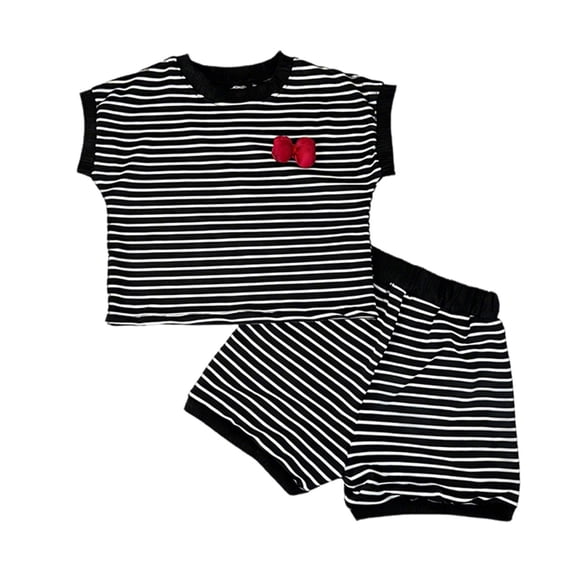 Glisme Toddler Girls Outfit Set Bowtie Striped Print Short Sleeve Crew Neck Tops With Shorts Outfit Summer Comfortable Girls Set