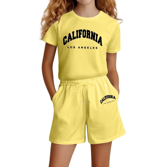 Glisme Toddler Girls Outfit Set Letter Print Short Sleeve Crew Neck T-Shirt With Shorts Outfit Summer Breathable Girls Set Size 6-7 Years Yellow