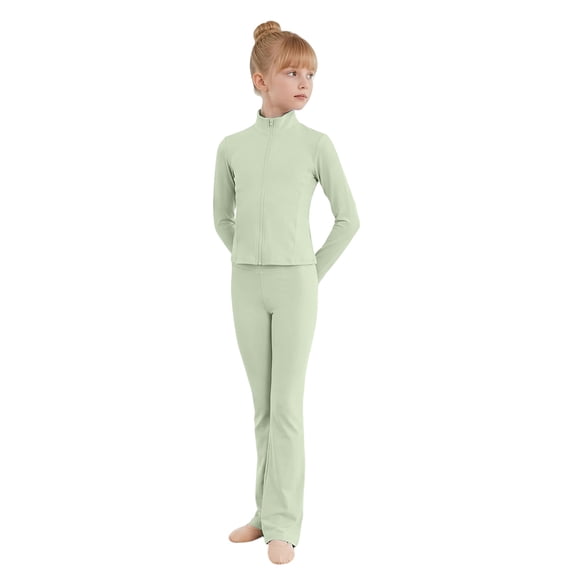 Glisme Toddler Kids Girls Outfit Set Solid Color Long Sleeve Mandarin Collar T Shirt With Pants Outfit Summer Comfortable Girls Set Size 6-7 Years Light Green