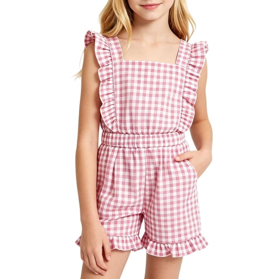 Glisme Toddler Girls Romper Plaid Print Sleeveless Square Neck Rompers Summer Comfortable Girls Jumpsuit Size 11-12 Years Pink