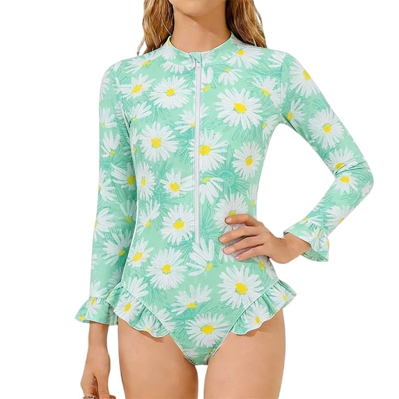 Glisme Toddler Girls Swimwear 2-3 Years Long Sleeve Floral Pattern One Pieces Swimsuit Round Neck Bathing Suit Soft Wear Mint Green