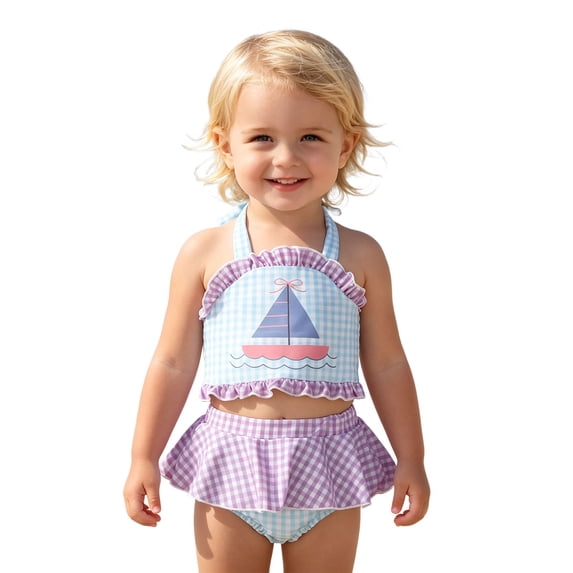 Glisme Toddler Girls Swimwears 18-24 Months Sleeveless Cartoon Pattern 2 Piece Swimsuit Round Neck Backless Bathing Suit Trend Clothing Blue
