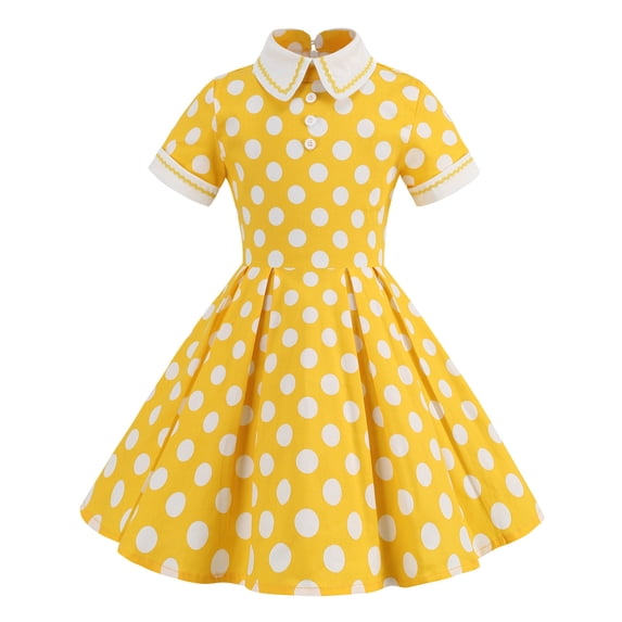 Glisme Toddler Kids Girls Dress Polka Dot Print Short Sleeve Lapel Neck Summer Lightweight Girls Dresses Size 11-12 Years Yellow