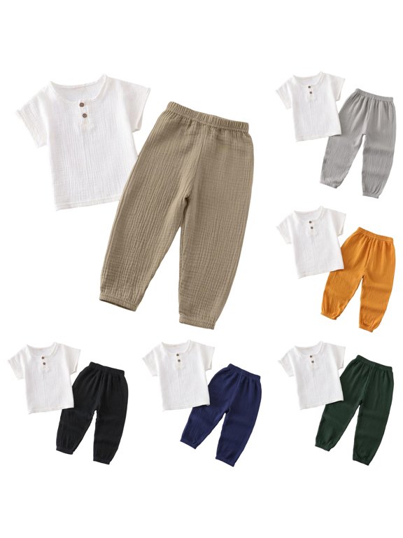 Toddler Outfits For Boy 18-24 Months Short Sleeve Button Tops Pants 2 Pieces Solid Color Coordinates Match Set Casual Playsuit Brown
