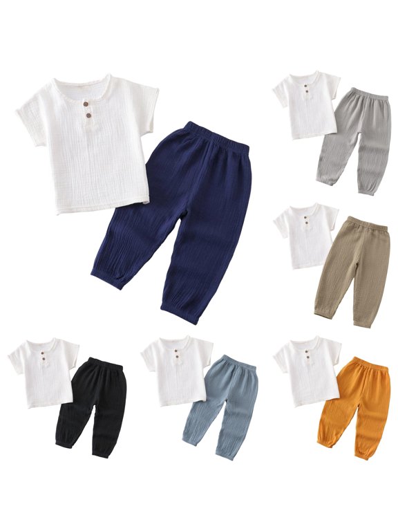 Toddler Outfits For Boy 3-4 Years Short Sleeve Button Tops Pants 2 Pieces Solid Color Coordinates Match Set Lovely Daily Wear Navy