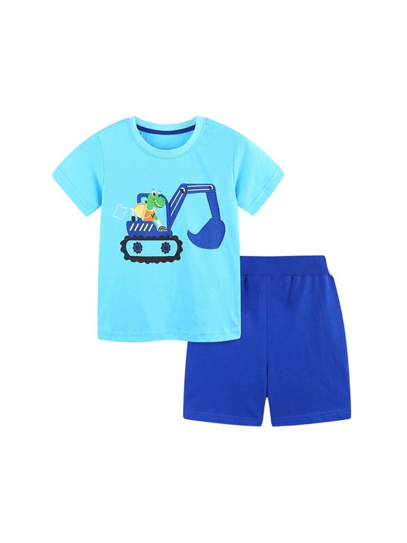 Toddler Outfits For Boy Summer Round Neck Cartoon Pattern 2 Piece Match Set Short Sleeve Tops Pants Soft Wear 2-3 Years Blue