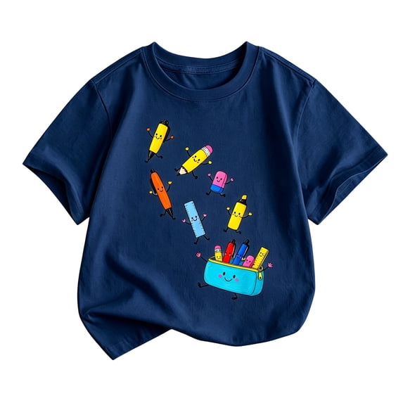 Glisme Tops for Girl Short Sleeve T Shirts Crewneck Cartoon Pattern Tee Cute Big Girls Wear Navy