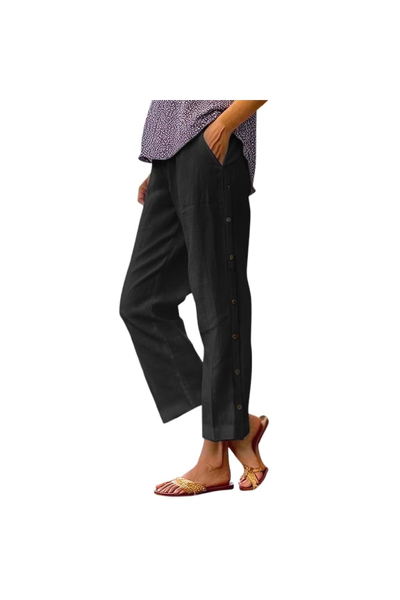 Trouser For Womens Straight Leg Linen Long Pants Elastic Waist Slacks With Button Details Handsome Clothes L Black