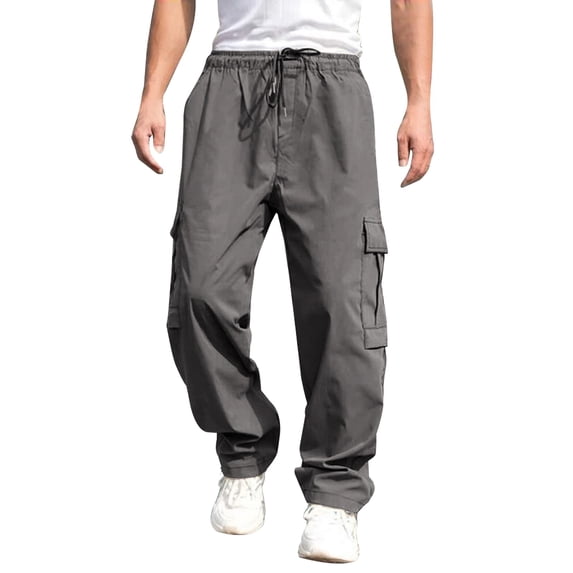 Glisme Trousers For Men Solid Color Elastic Waist With Pockets Summer Cozy Soft Men Cargo Pants Size XL Grey
