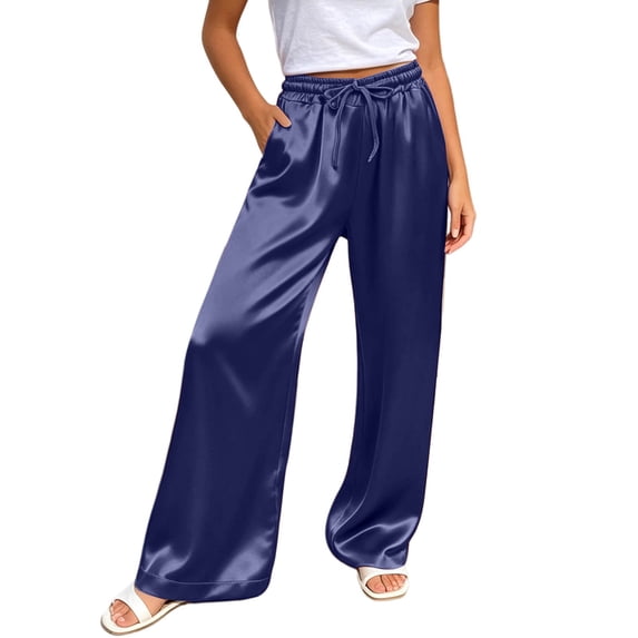 Glisme Trousers For Women Solid Color Elastic Waist With Pockets And Drawstring Summer Comfortable Women Wide Leg Pants Size S Blue