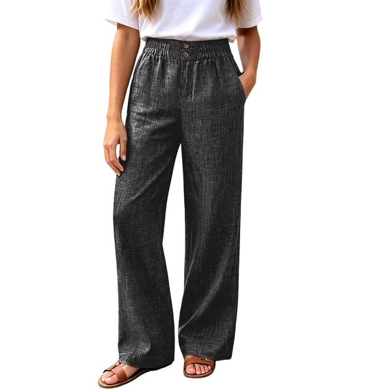 Glisme Trousers For Women Solid Color Elastic Waist With Pockets Summer Comfortable Women Wide Leg Pants Size L Black