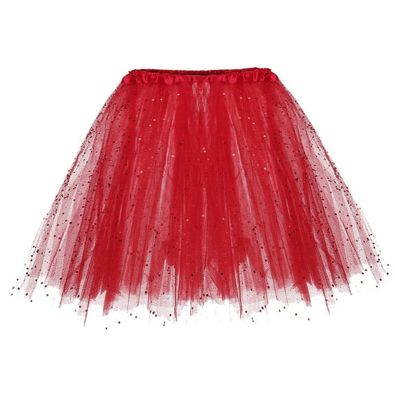 Glisme Tulle Skirts For Women A Line Three Layer Tutu Skirt Half Shaggy Skirt Highlights Glitter Fashion Party Dress Red