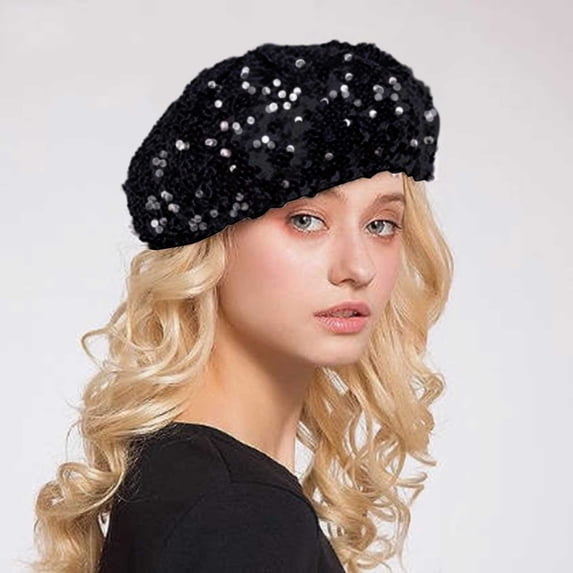 Glisme Unisex Headwear Women Fashion Sequins Beret Colorful Cap Nightclub Dress Hat Trend Head Accessory Black