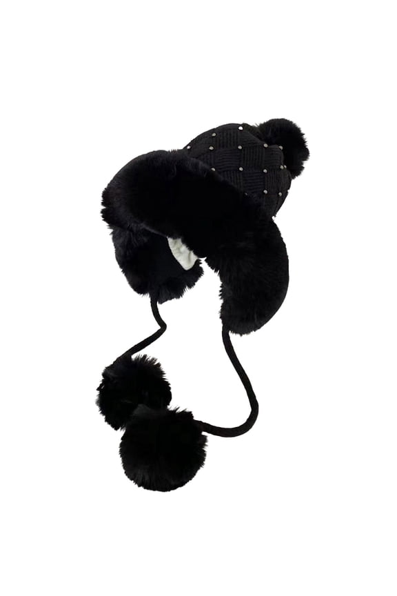 Winter Hat Woman Knit Hats With Pompom Outdoor Ear Cover Trend Accessories Black