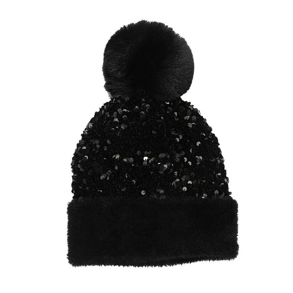 Glisme Winter Hat Women Sequin Hat Warm Solid Knit Hat Removable Hairball Wool Hat Stylish Accessory Black