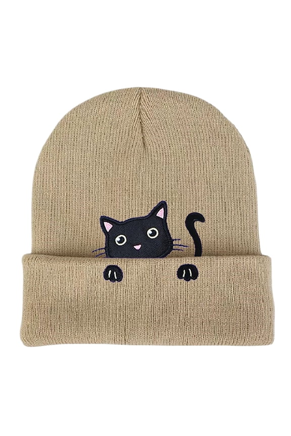 Winter Hat Women's Embroidered Cat Cat Animal Knitted Hat Stylish Headwear Beige