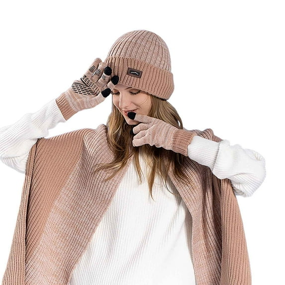 Glisme Winter Knitted Hat Scarf & Glove Sets For Men And Women For Cycling Skiing Pink