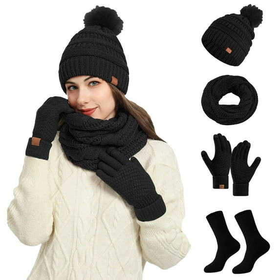 Glisme Winter Women'S Woolen Hat Gloves And Socks 4 Piece Set Solid Color Warm Thermal Set Cold Resistant Accessories Black
