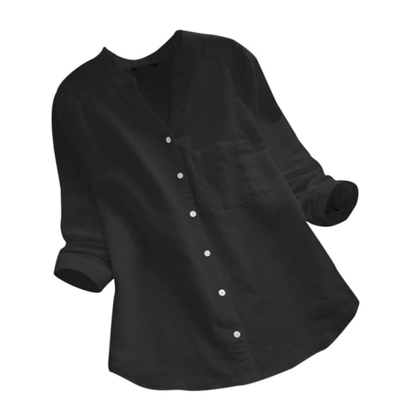 Glisme Women Cotton Linen T Shirt Casual Solid Long Sleeve Shirt Button Down Tops Basic Black Tee