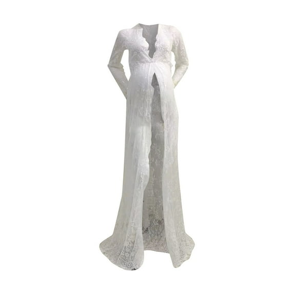 Glisme Women Maternity Dress Lace Long Dresses Pregnancy Front Open Lace Mopping Dresses White Wedding Guest Dress Pregnant