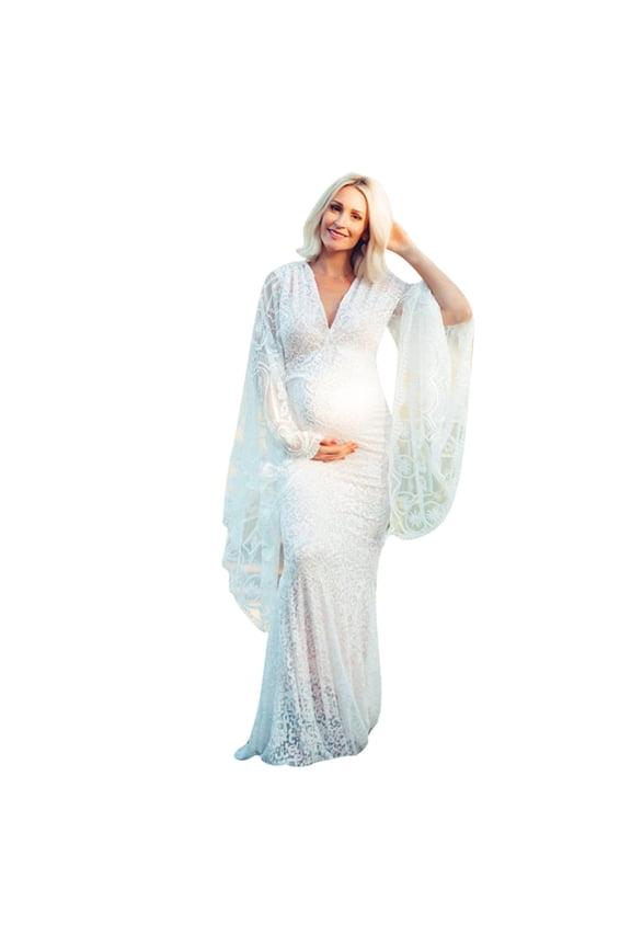 Women Maternity Dress Long Sleeve Ruffles Pregnancy Dresses Gown For Photography White Formal Dress For Pregnant Women Wedding Guest