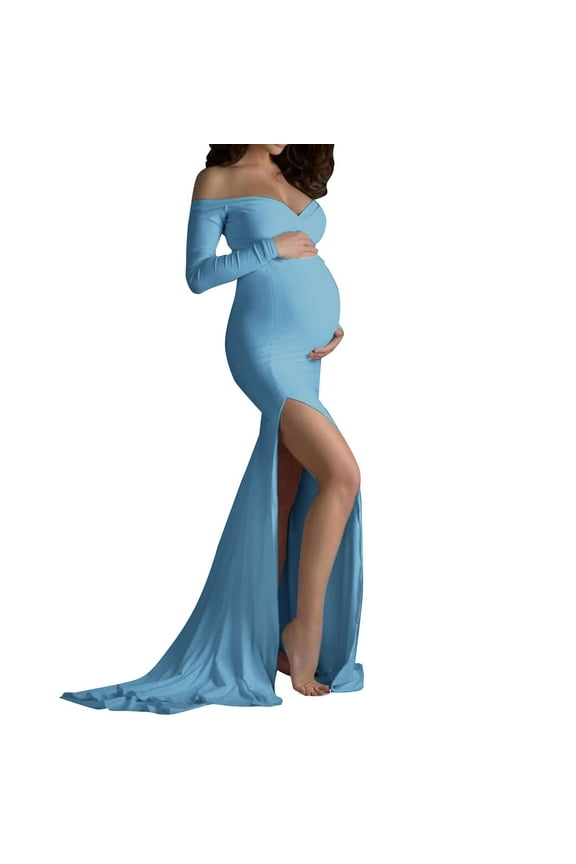 Women Maternity Dress Off Shoulders V Neck Long Pregnancy Dresses For Photography Light Blue Maternity Dress Formal