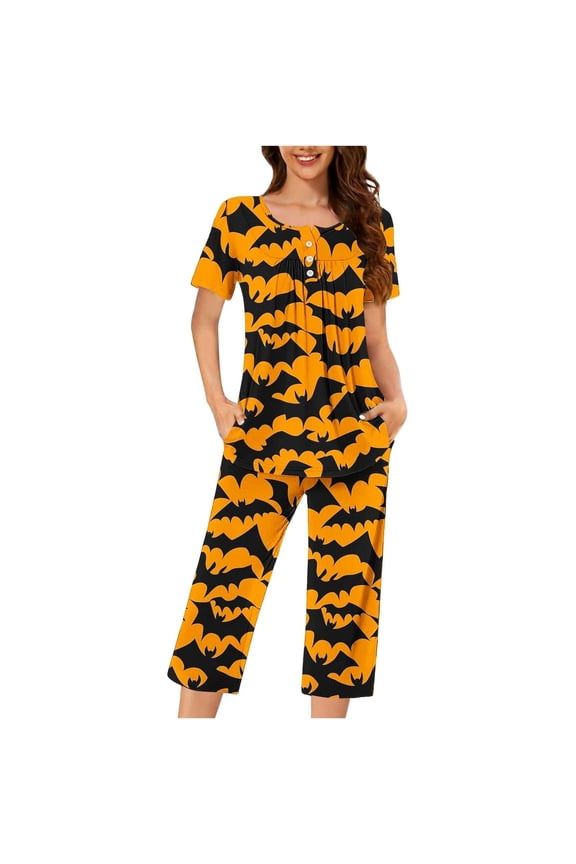 Women Pajamas Bat Print Button Short Sleeve Crew Neck Shirts With Pants Halloween Fashion Women Nightwear Size 3XL Yellow
