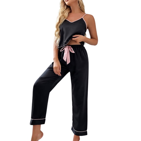Glisme Women Pajamas Set Ice Silk Suspenders Pants Pyjamas Spring And Summer Ties Thin Straight Pants Home Wear Home Suit Regular Fit Loungewear Black , Xl