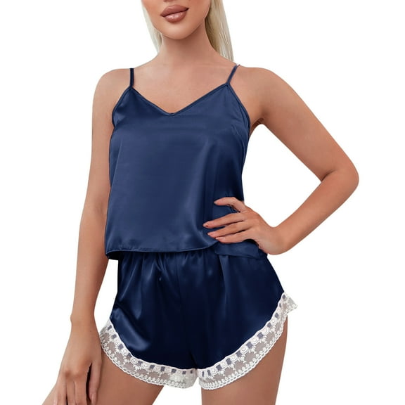Glisme Women Pajamas Set Nightgown For Satin Nightie Slips Sleep Sets Slips Sleepwear Pyjama Sets Comfortable Fit Loungewear Dark Blue , L