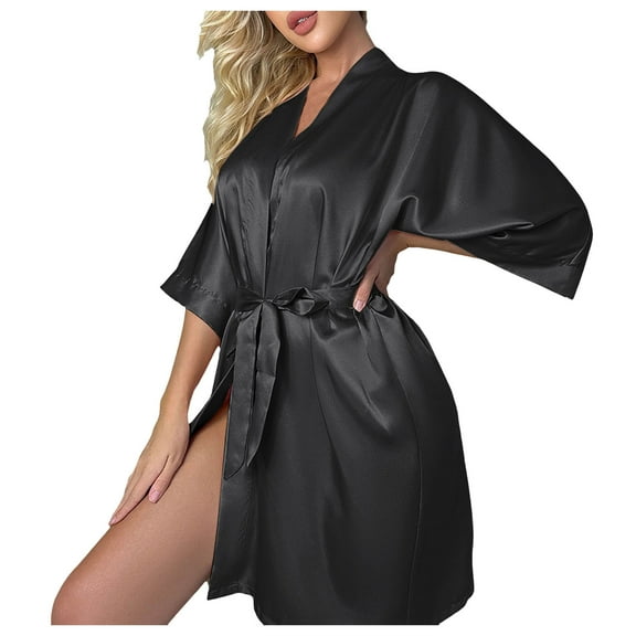 Glisme Women Pajamas Set Silk Nightgown Casual Thin Homewear Pyjamas Loose Cardigan Lace Up Bathrobes Fashionable And Trendy Nightwear Black , M