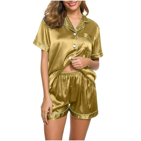 Glisme Women Pajamas Set Silk Pyjamas Short Sleeve Sleepwear Soft Satin Button Down 2 Pcs Shorts Set Breathable Nightwear Yellow , L
