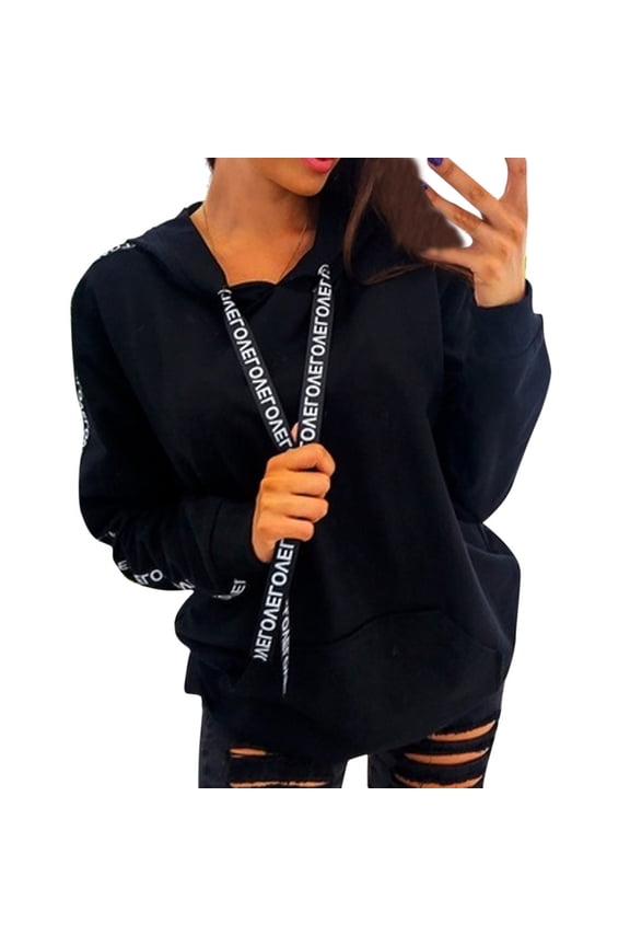 Women Plus Size Long Sleeve Solid Swea T Shirt Hooded Pullover Tops Shirt Trend Black Tee