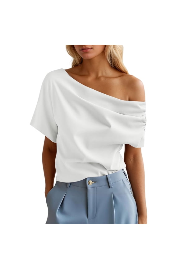 Women'S Basic T Shirt Off Shoulder Ruffled Short Sleeve Top For Daily Wear Basic White Tee