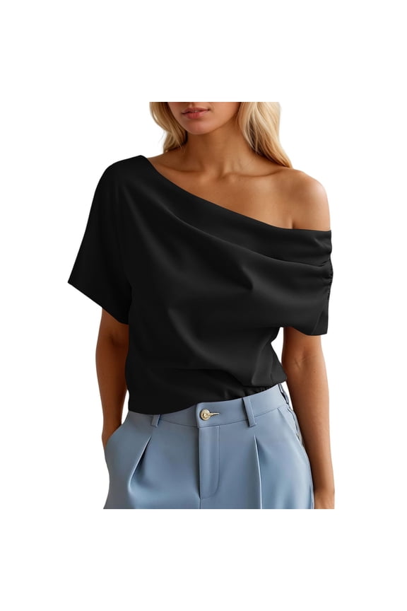 Women'S Basic T Shirt Off Shoulder Ruffled Short Sleeve Top For Daily Wear Versatile Black Tee
