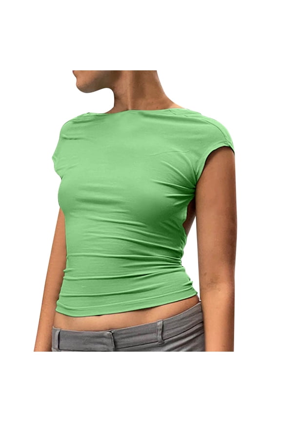 Women'S T Shirt Fashion Solid Backless Crop Top Casual Short Sleeve Short Tops Trend Green Tee