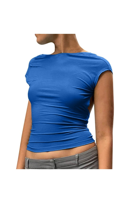 Women'S T Shirt Fashion Solid Backless Crop Top Casual Short Sleeve Short Tops Ventilate Blue Tee