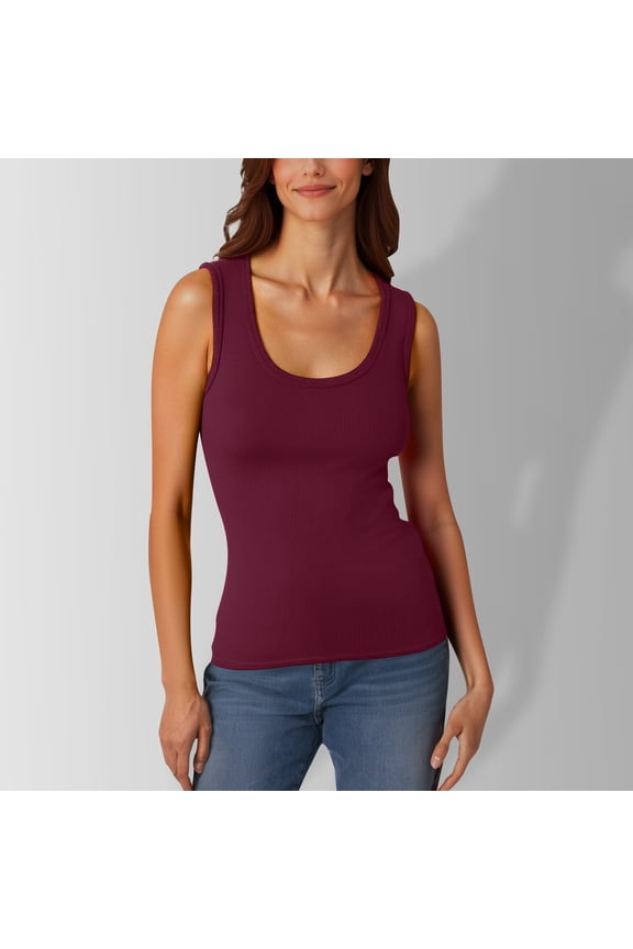 Women'S Tank Tops Ladies' Low Round Neck Ribbed T Shirt Sleeveless Elastic And Form Fitting Basic Vest S Red