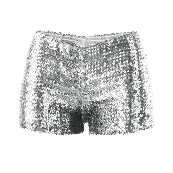 Glisme Women Shorts Sequins Elastic High Waist Shiny Summer Lightweight Women Shorts Size L Silver