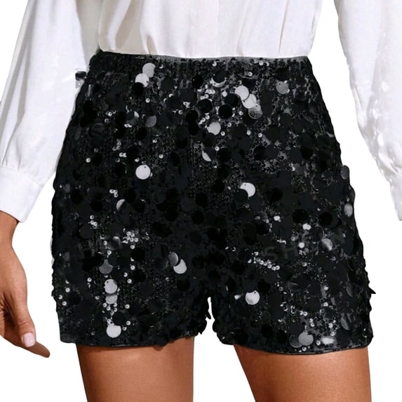 Glisme Women Shorts Sequins Elastic Waist Shiny Summer Casual Shorts for Women Size XL Black
