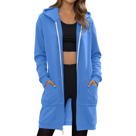Glisme Women Sweatshirt Zip Solid Color Long Sleeve Hooded Tops Autumn Comfortable Women Hoodie Size 4XL Blue