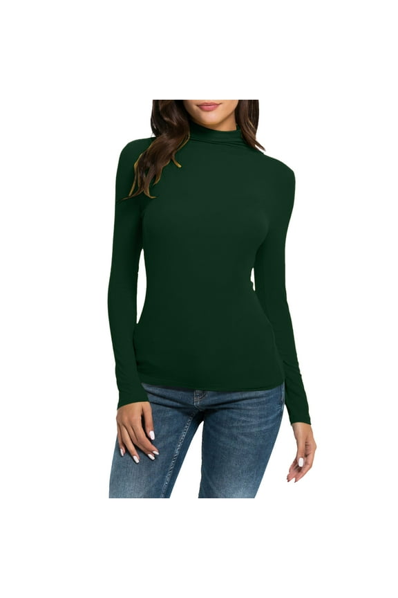 Women T-Shirt Casual Solid Long Sleeve Turtleneck Tops Slim Fit Stretchy Layer Tee Shirts Ventilate Green Tee
