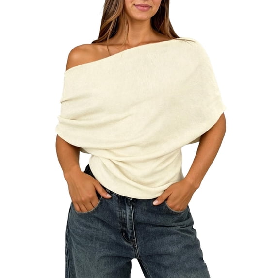 Glisme Women T-Shirt Solid Color Short Sleeve Asymmetrical One Shoulder T-Shirt Summer Fashion Women Tees Size L Beige