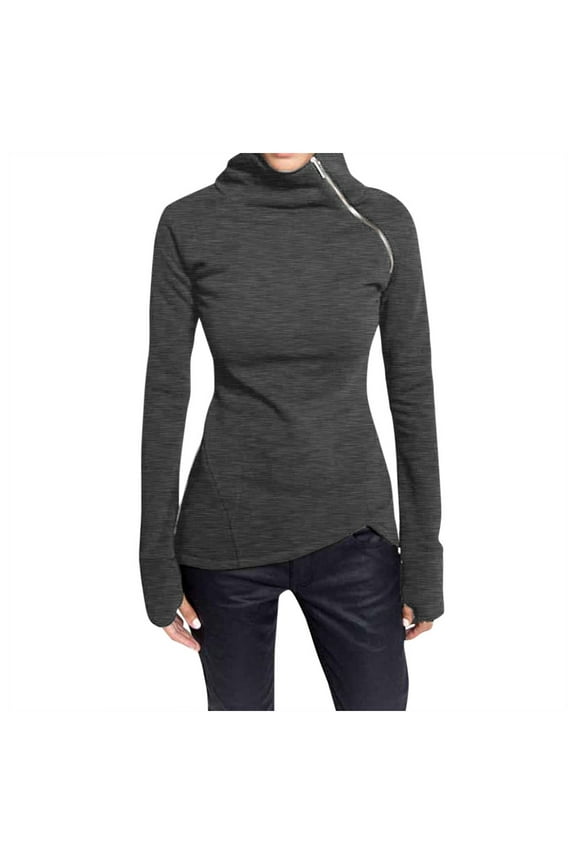 Women Tops Casual Solid Long Sleeve Pullover Turtleneck Zipper Swea T Shirt Basic Dark Gray Tee