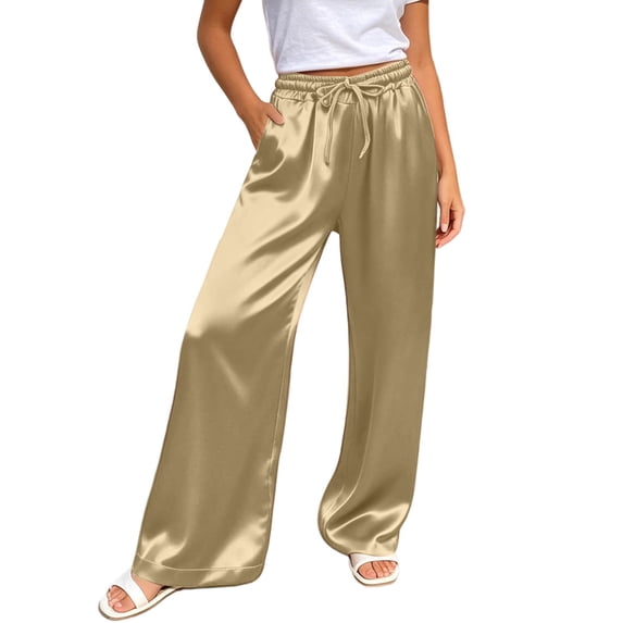Glisme Women's Trousers Solid Color Elastic Waist With Pockets And Drawstring Summer Breathable Women Wide Leg Pants Size S Khaki