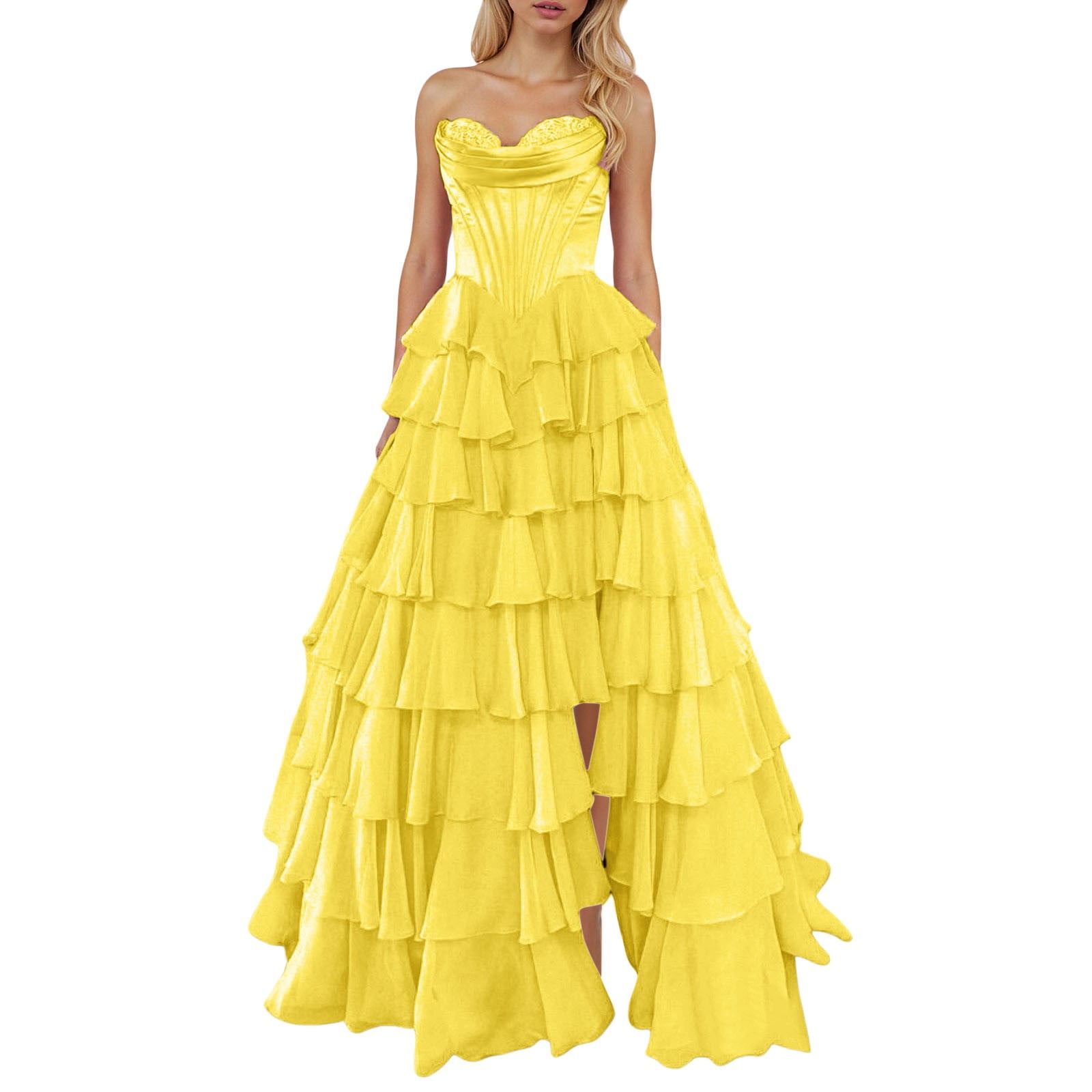 Bedlover Strapless Bridesmaid Dress With Scarf – Satin & Chiffon, Asymmetric Overlay, Slit Front, Evening Gown