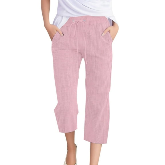 Glisme Womens Pants Casual Solid Color Weave Breathable 7/8 Pants Travel Trousers Pink